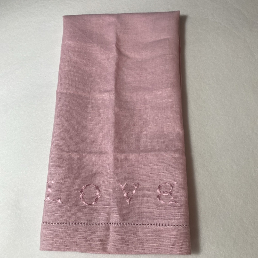 Williams Sonoma Pink Embroidered LOVE Hemstitched Dish Tea Towel Linen Decor
